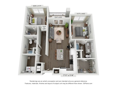 Floor plan for 2 beds, 2 baths, 1098 sqft